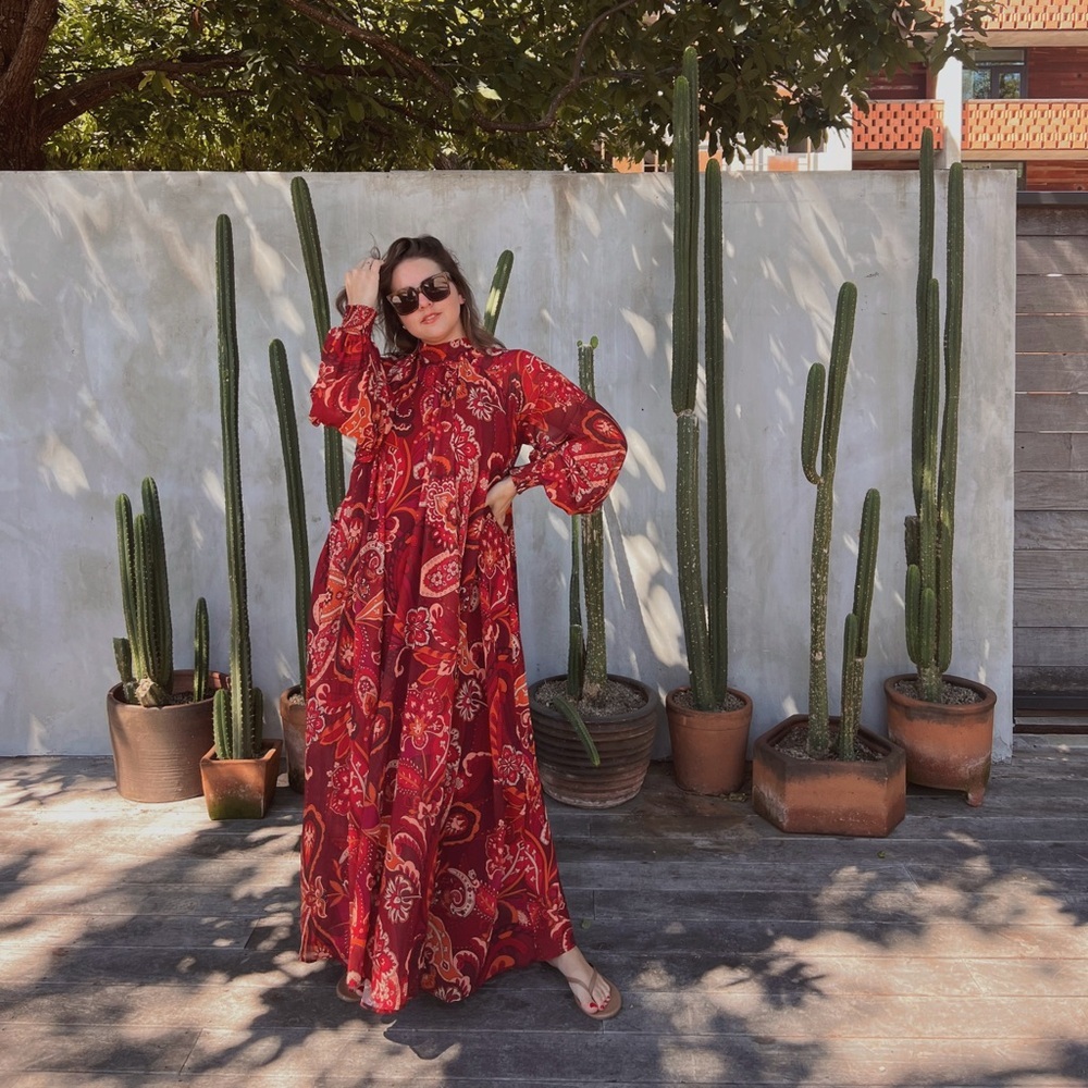 Aura Red Long-Sleeve Bohemian Maxi Dress